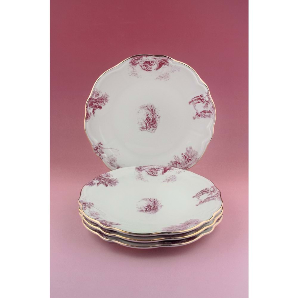 Pembe İngiliz altın yaldızlı 4 parça porselen pasta tabağı