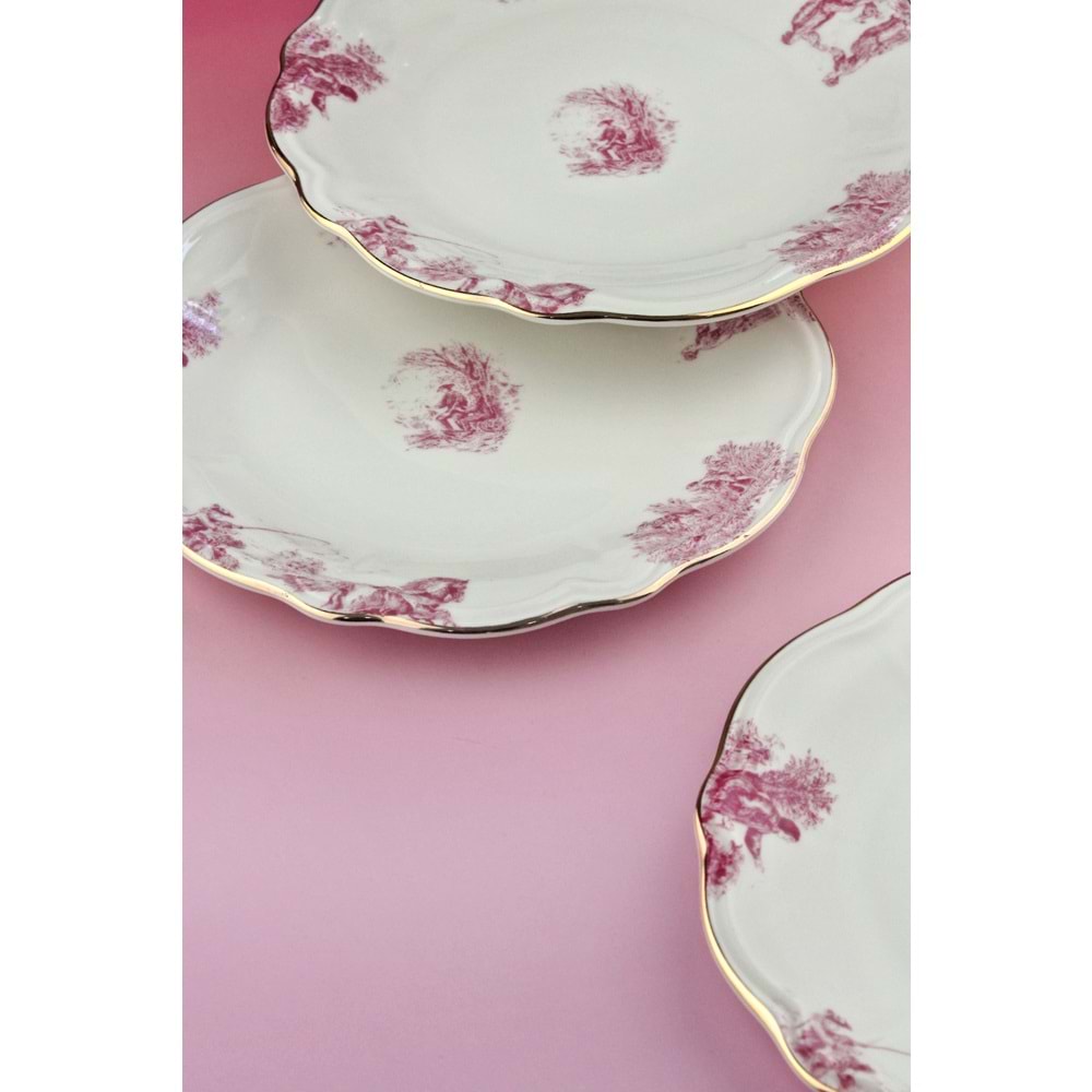 Pembe İngiliz altın yaldızlı 4 parça porselen pasta tabağı