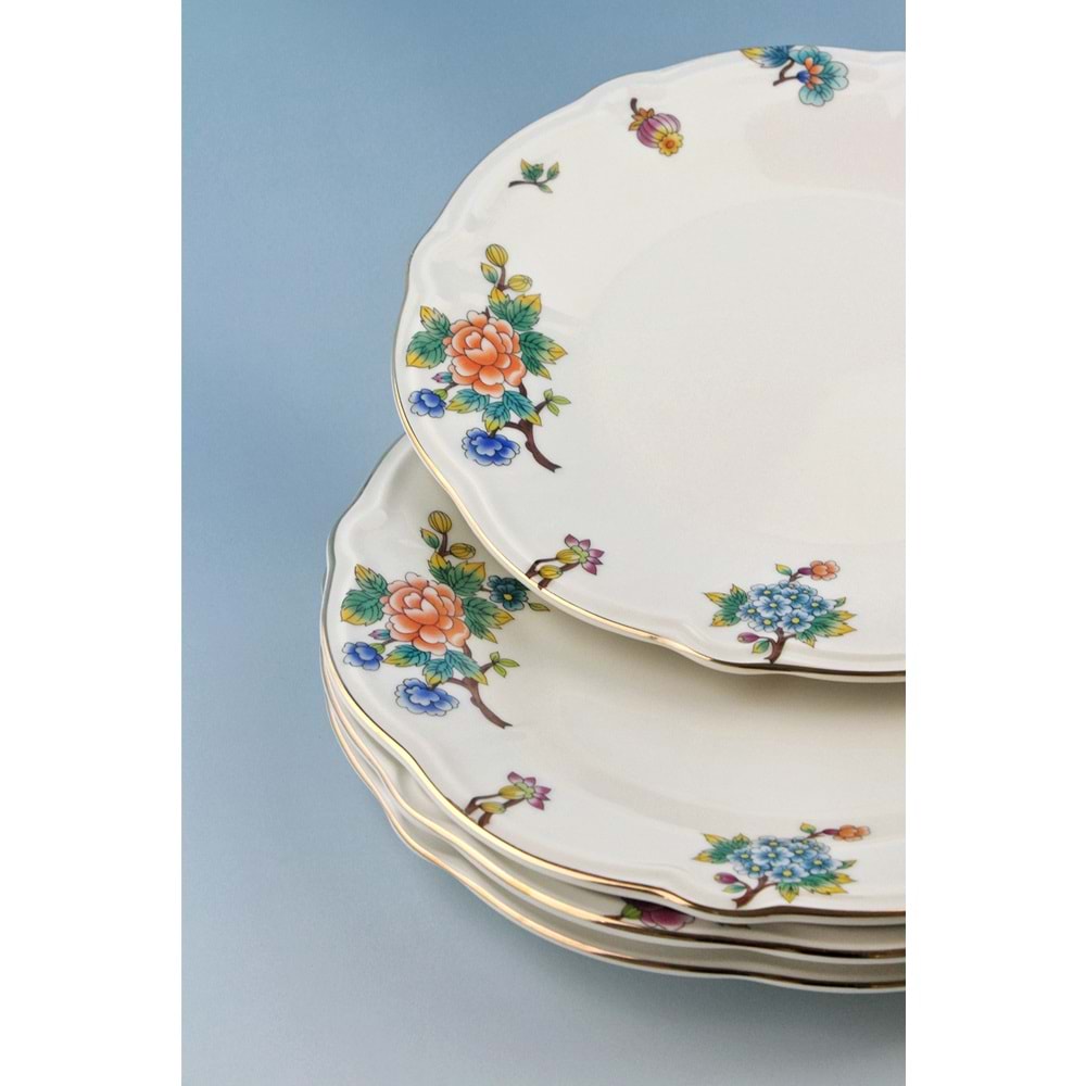 Çiçek buketi altın yaldızlı 4 parça porselen servis tabağı