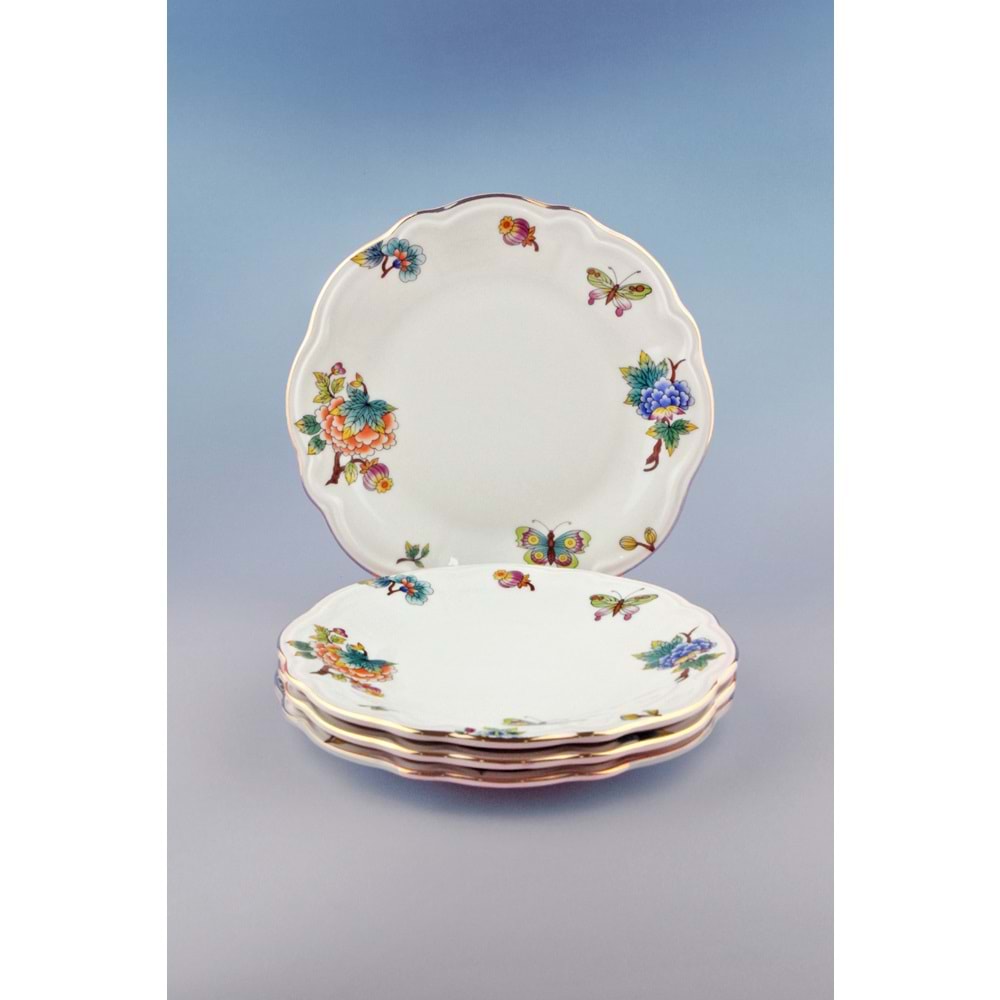 Çiçek buketi altın yaldızlı 4 parça porselen pasta tabağı