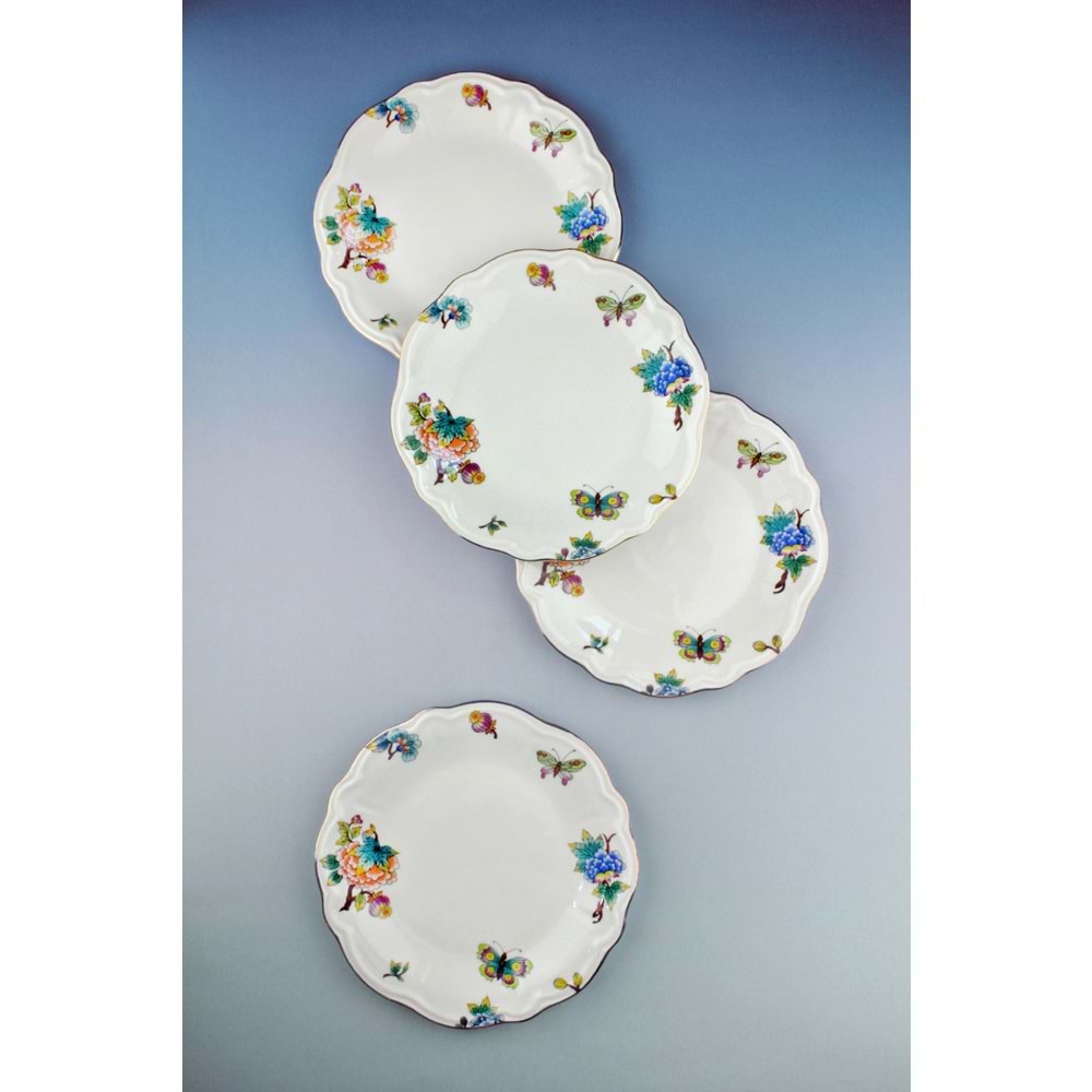 Çiçek buketi altın yaldızlı 4 parça porselen pasta tabağı