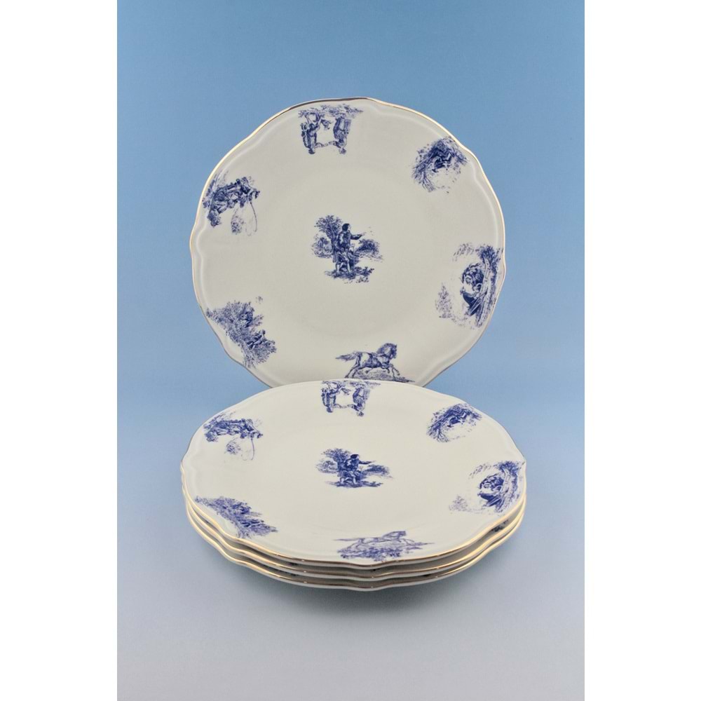 Mavi İngiliz altın yaldızlı 4 parça porselen servis tabağı