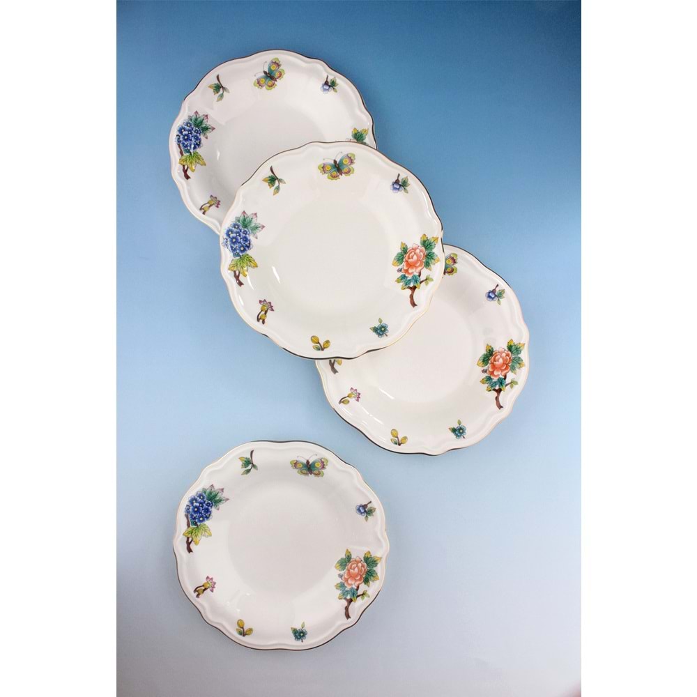 Çiçek buketi altın yaldızlı 4 parça porselen yemek tabağı