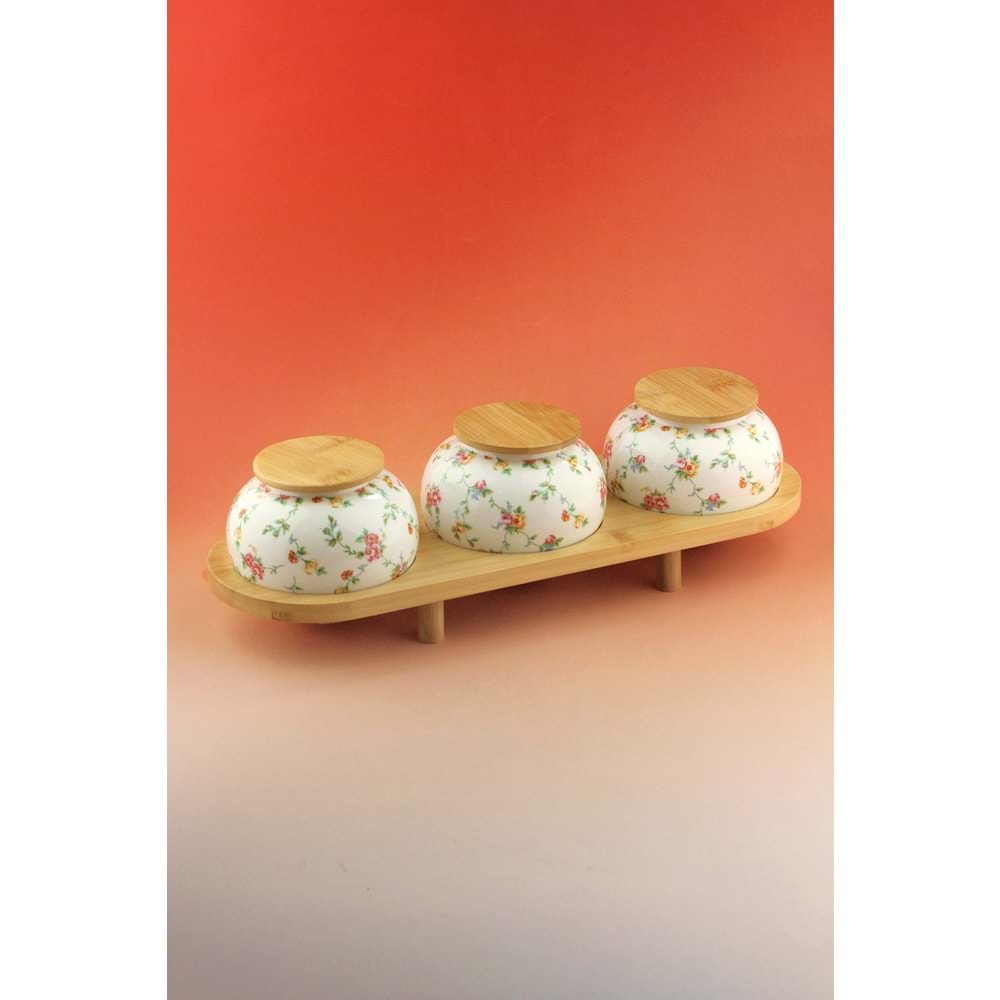 Mine çiçeği bambu standlı 3 lü porselen baharatlık