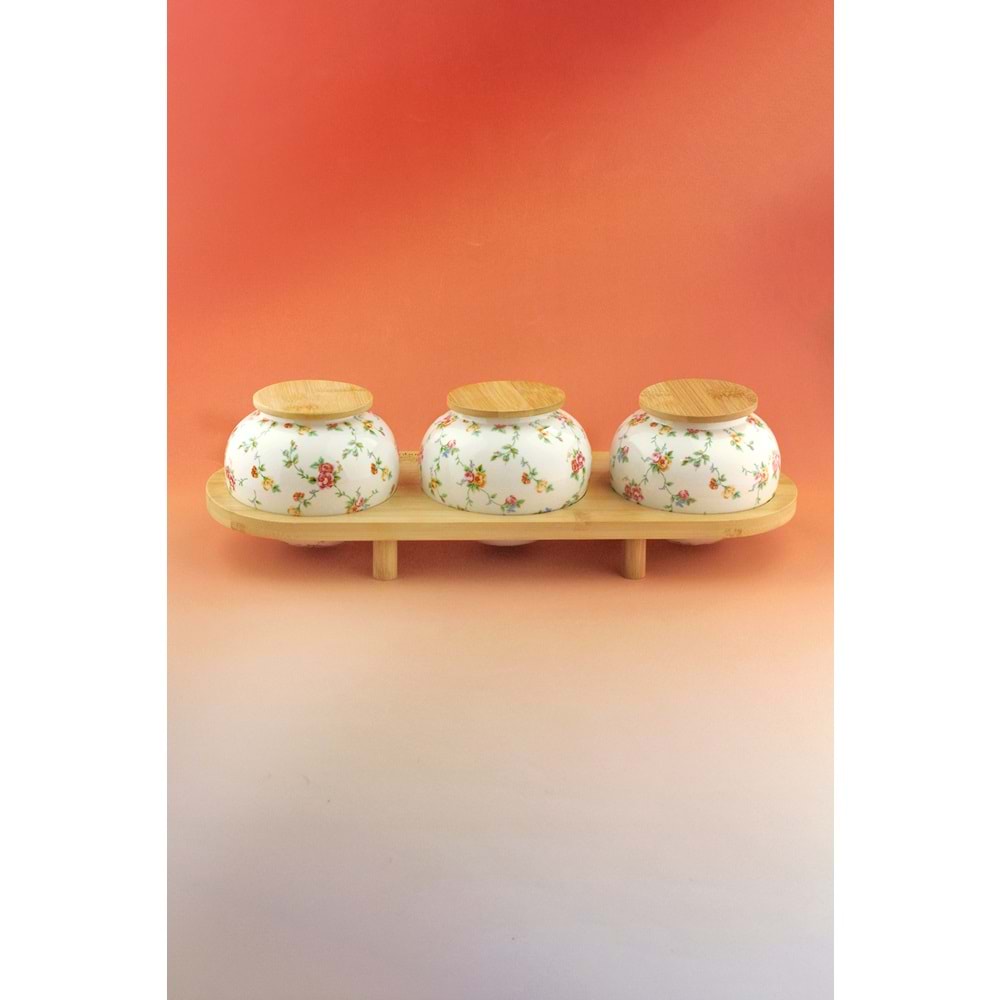 Mine çiçeği bambu standlı 3 lü porselen baharatlık