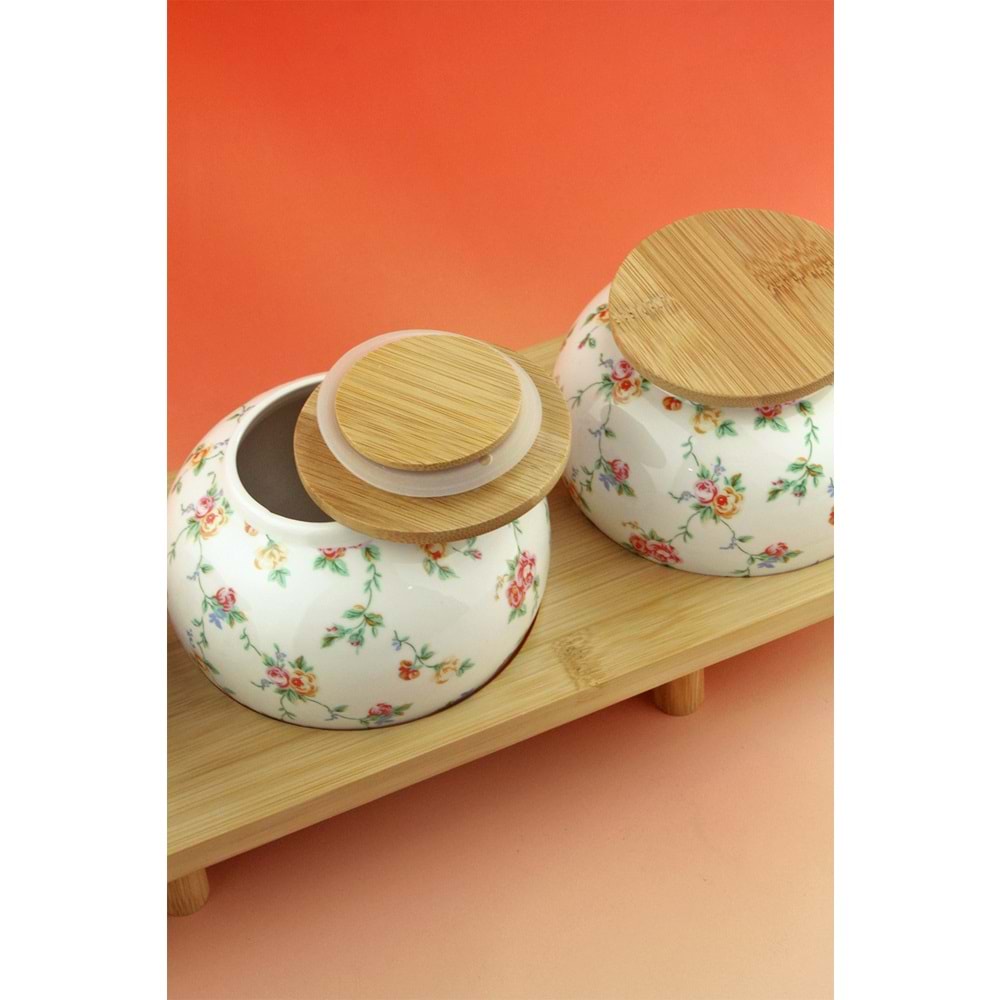 Mine çiçeği bambu standlı 3 lü porselen baharatlık