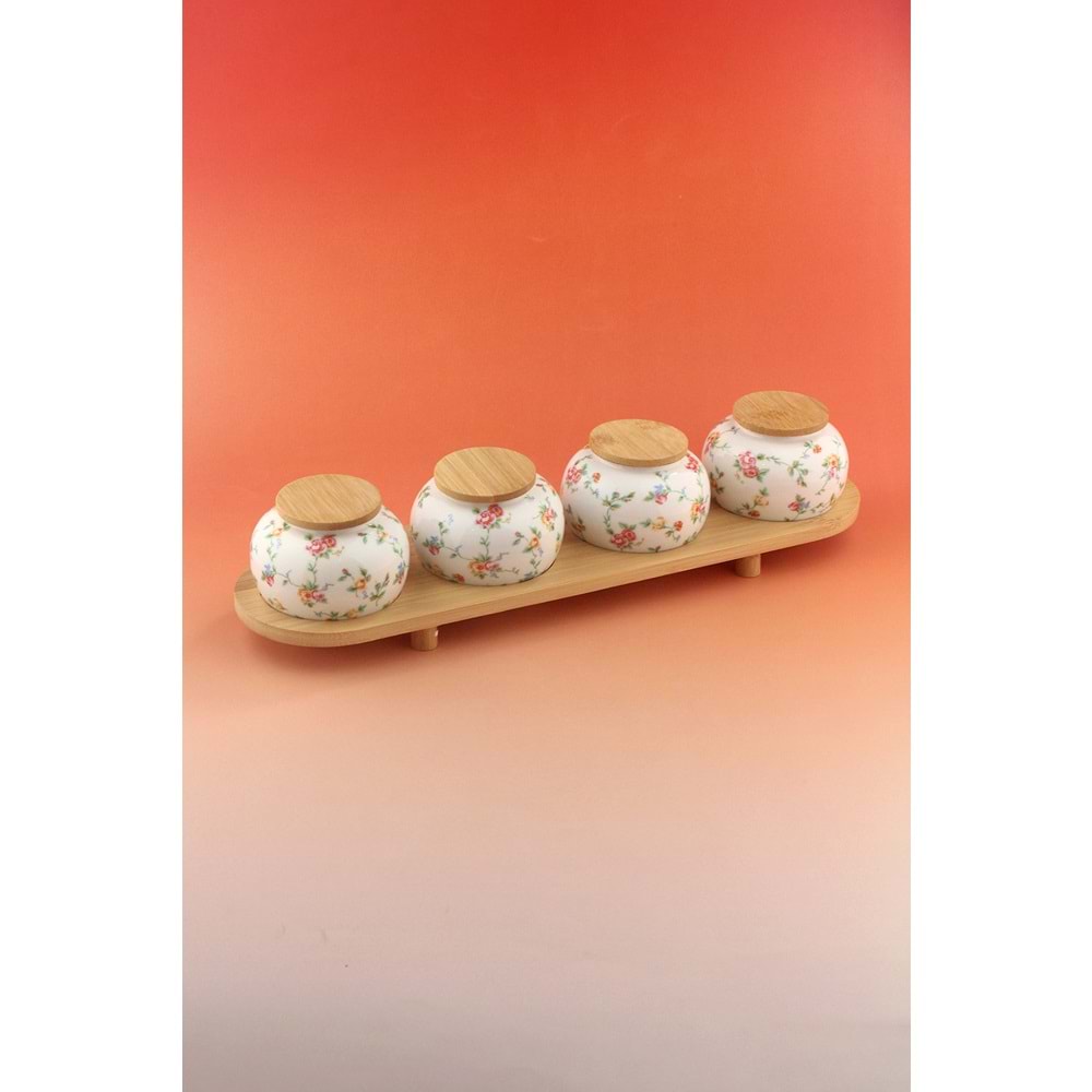Mine çiçeği bambu standlı 4 lü porselen baharatlık
