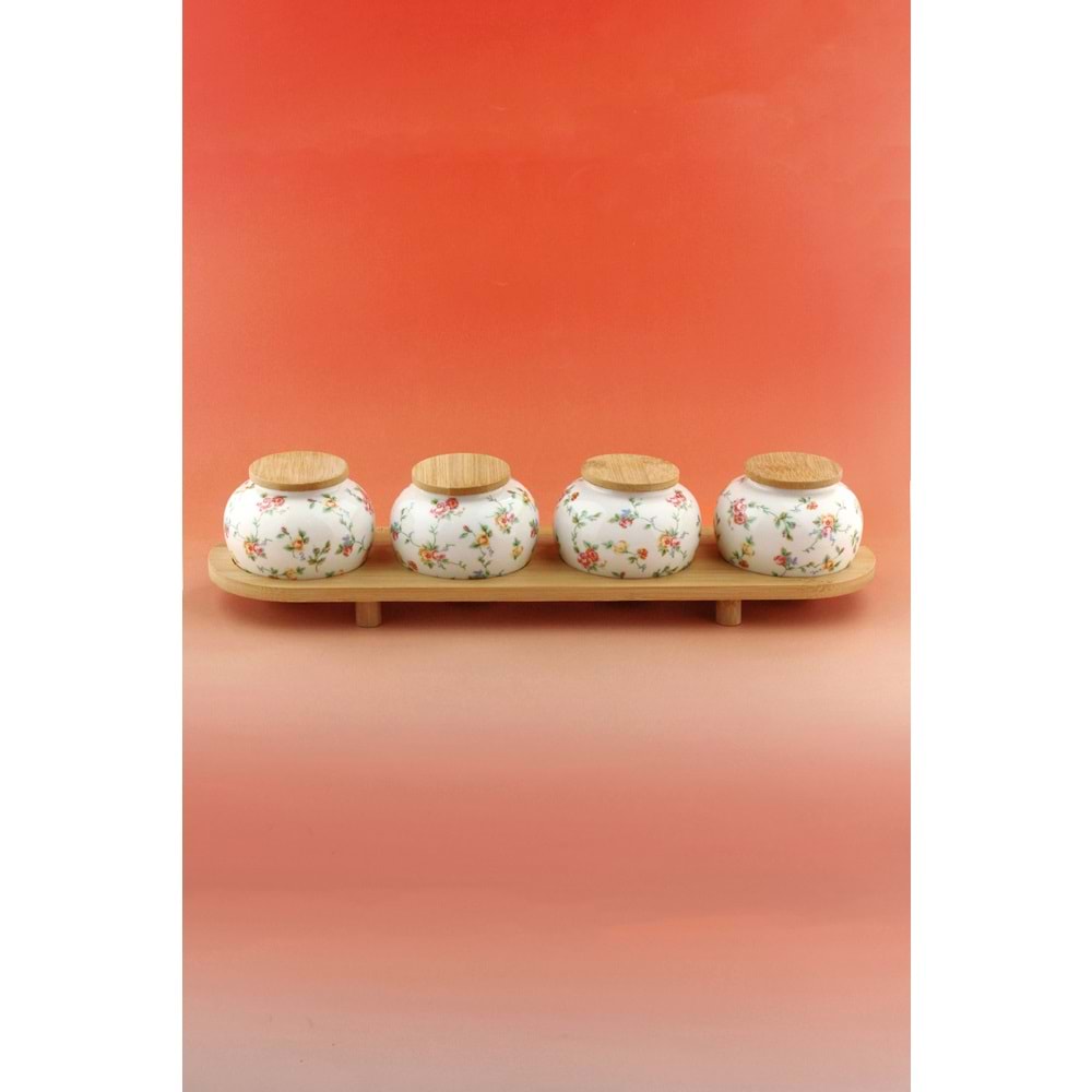 Mine çiçeği bambu standlı 4 lü porselen baharatlık
