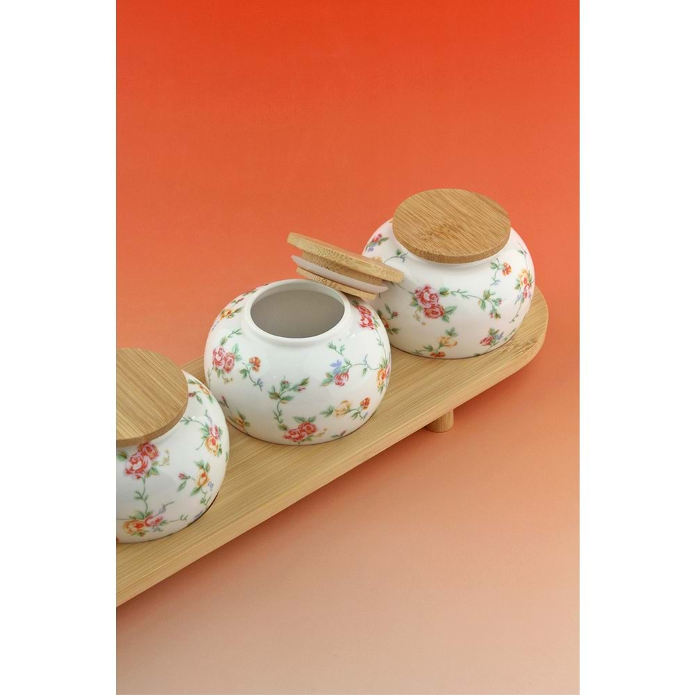 Mine çiçeği bambu standlı 4 lü porselen baharatlık