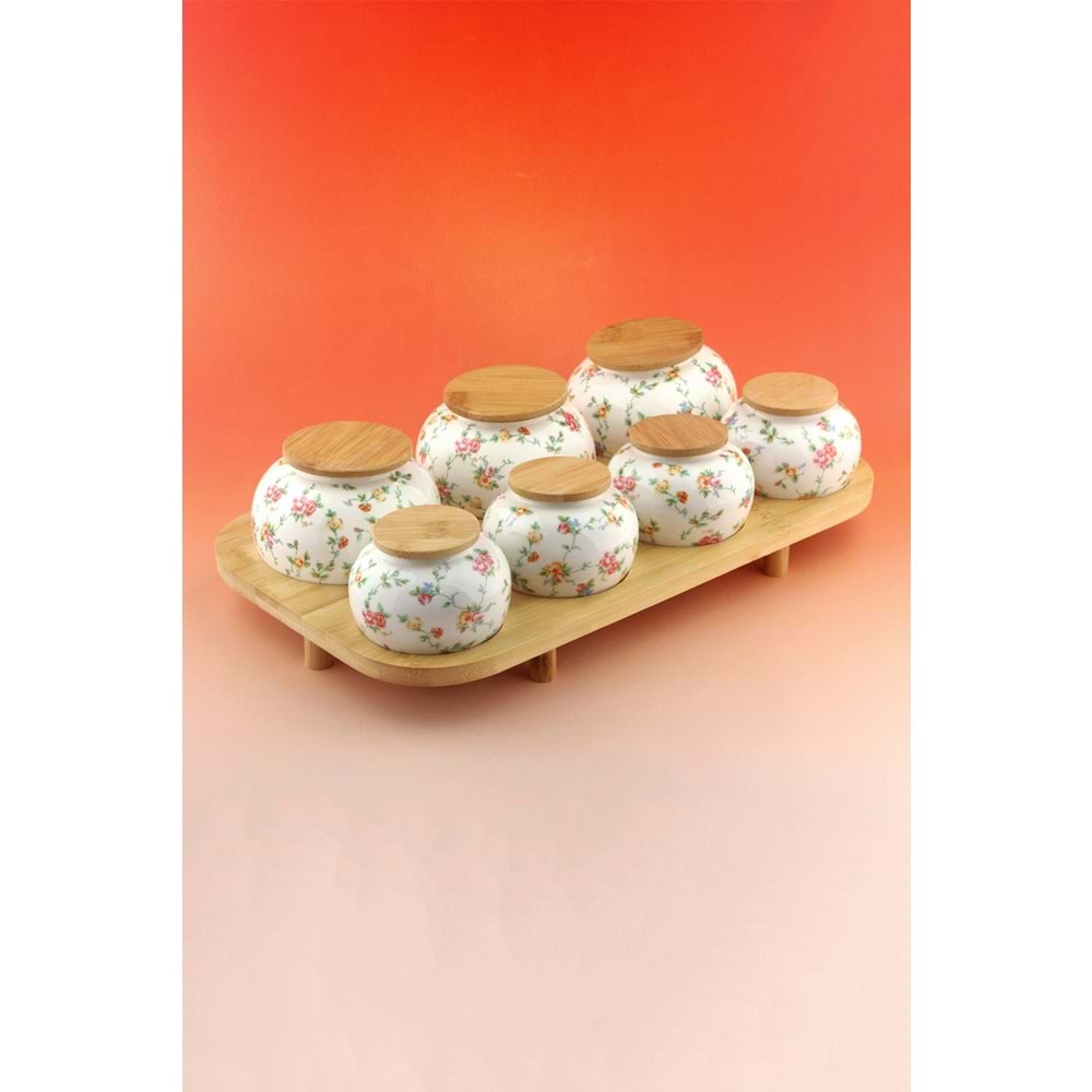 Mine çiçeği bambu standlı 7 li porselen baharatlık