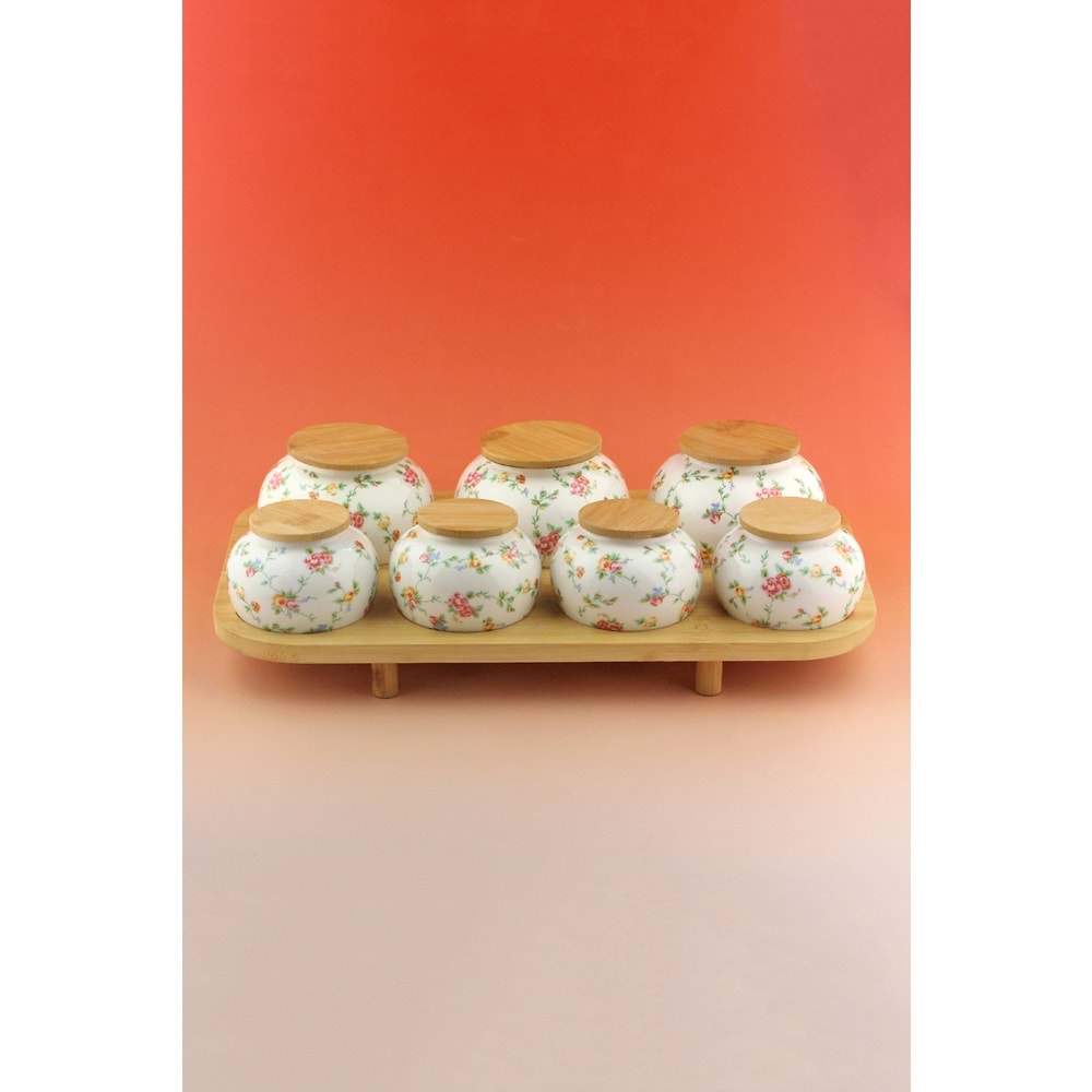Mine çiçeği bambu standlı 7 li porselen baharatlık