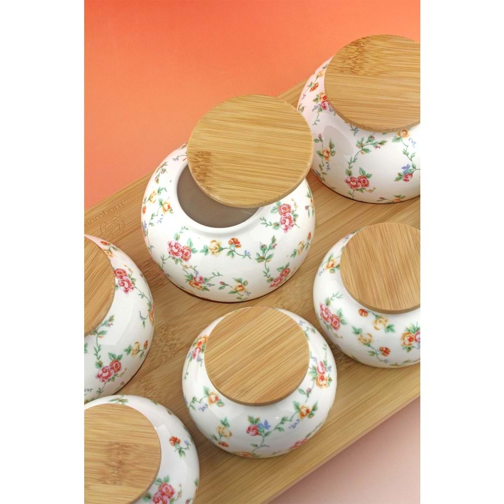 Mine çiçeği bambu standlı 7 li porselen baharatlık