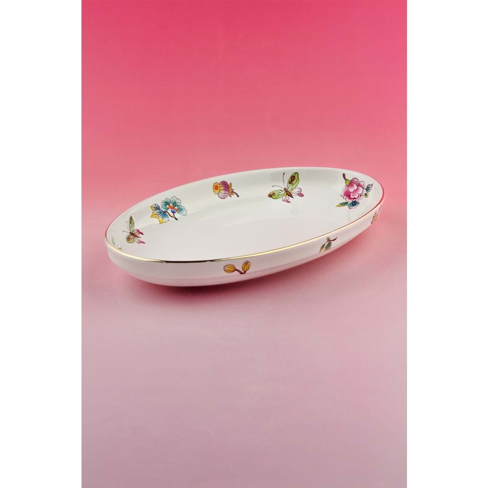 Çiçek buketi altın yaldızlı porselen kayık tabak