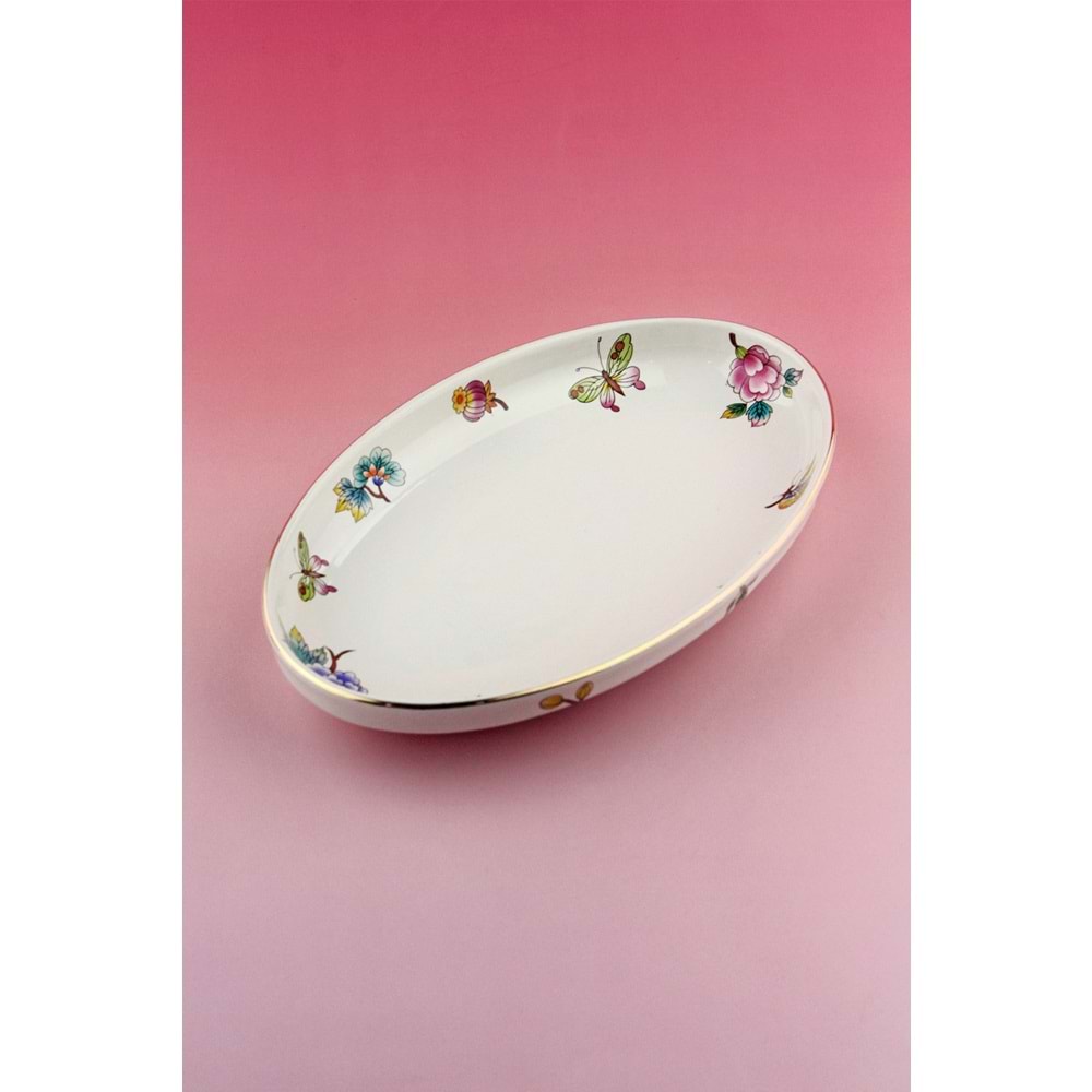 Çiçek buketi altın yaldızlı porselen kayık tabak