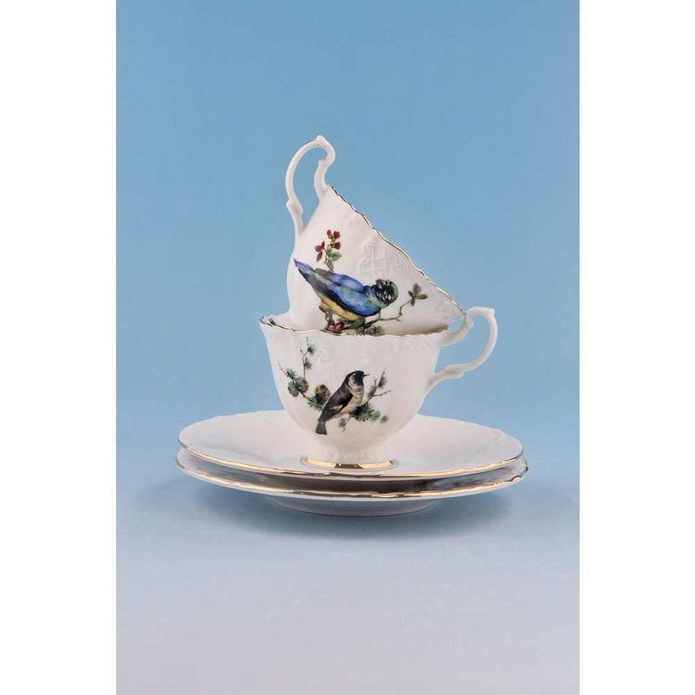 Renkli kuşlar altın yaldızlı 2 kişilik kahve fincan takımı