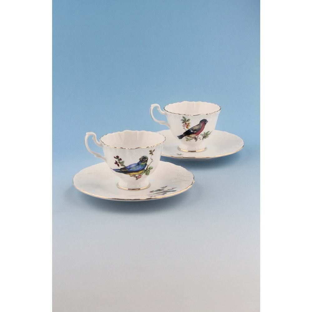 Renkli kuşlar altın yaldızlı 2 kişilik kahve fincan takımı