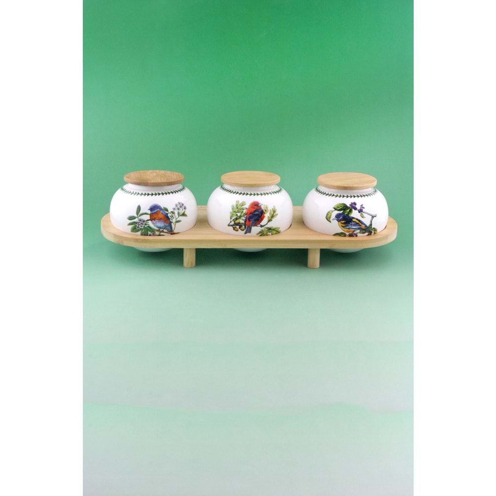 Garden birds bambu standlı 3 lü porselen baharatlık