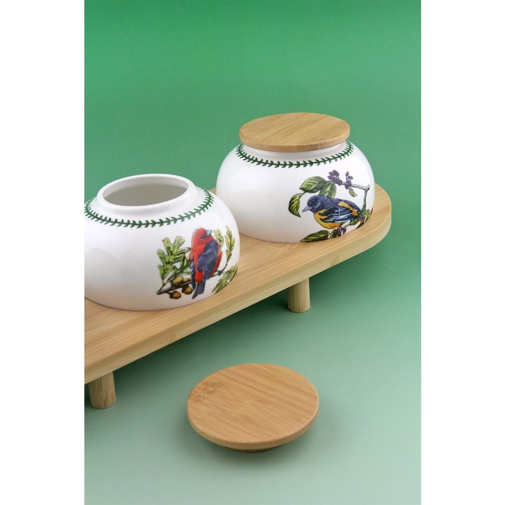 Garden birds bambu standlı 3 lü porselen baharatlık