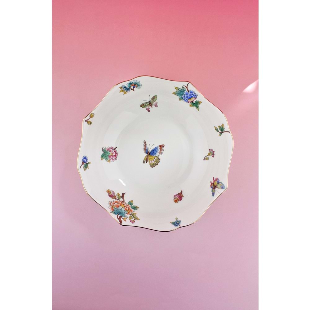 Çiçek buketi altın yaldızlı porselen salata kasesi