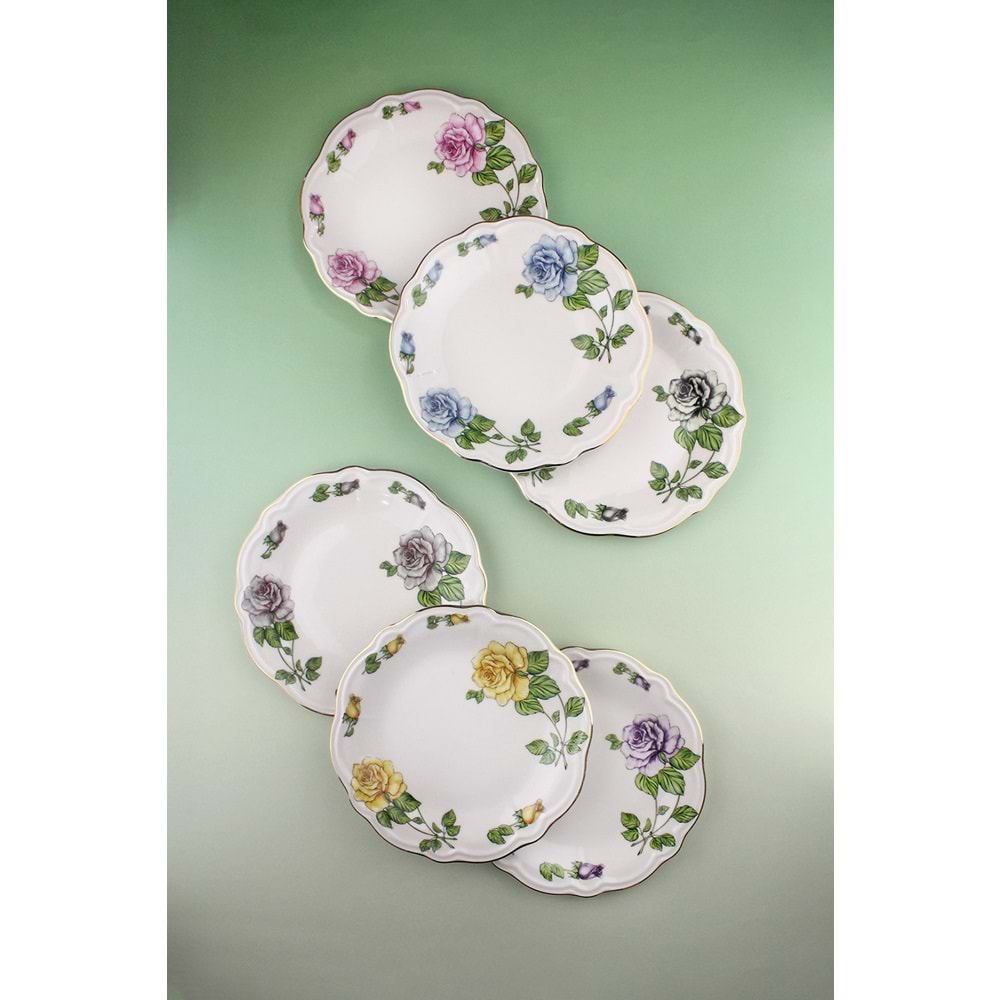 Renkli güller altın yaldızlı 6 parça porselen pasta tabağı