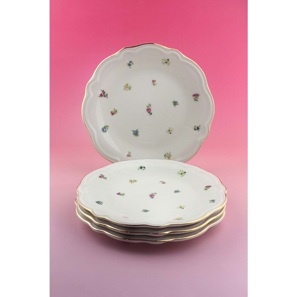 Flora antik altın yaldızlı 4 parça porselen pasta tabağı