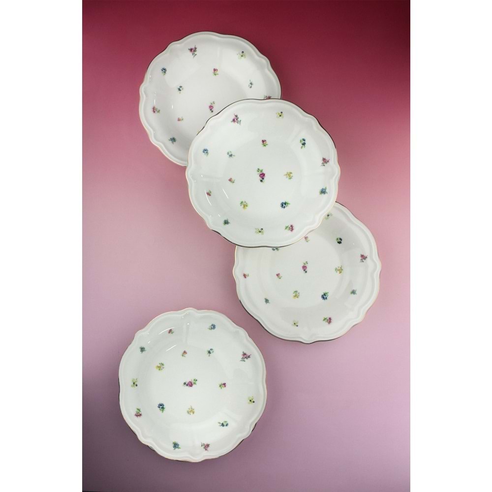 Flora antik altın yaldızlı 4 parça porselen pasta tabağı