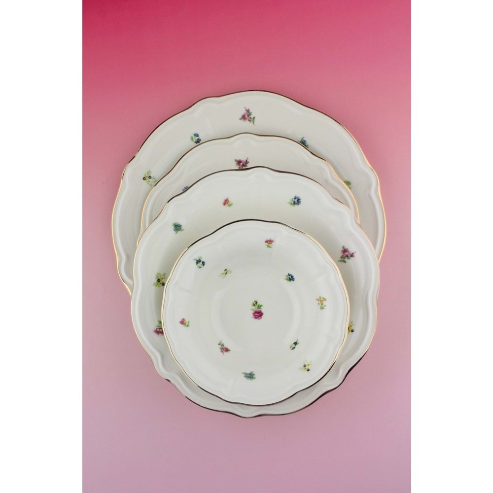 Flora antik altın yaldızlı 4 parça porselen yemek tabağı