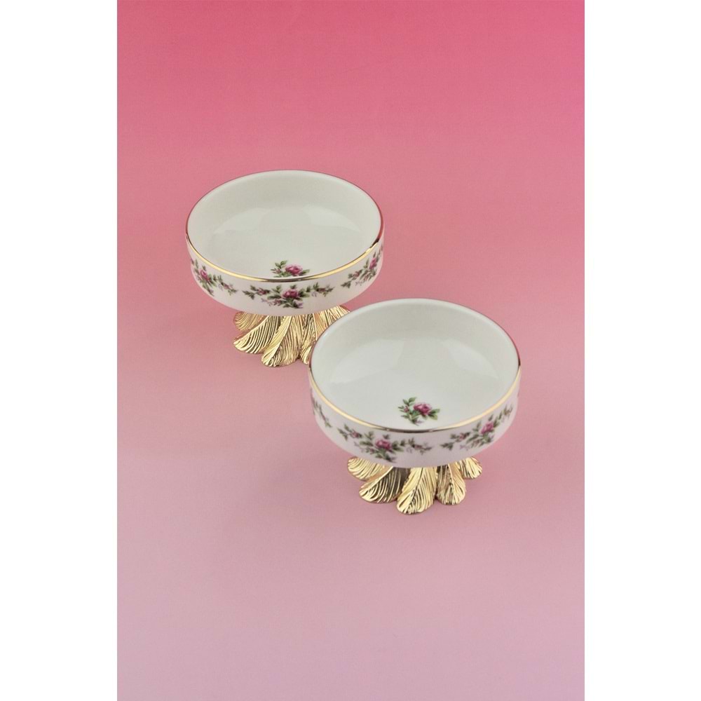 Rosa 2 adet altın yaldızlı metal ayaklı porselen çerezlik