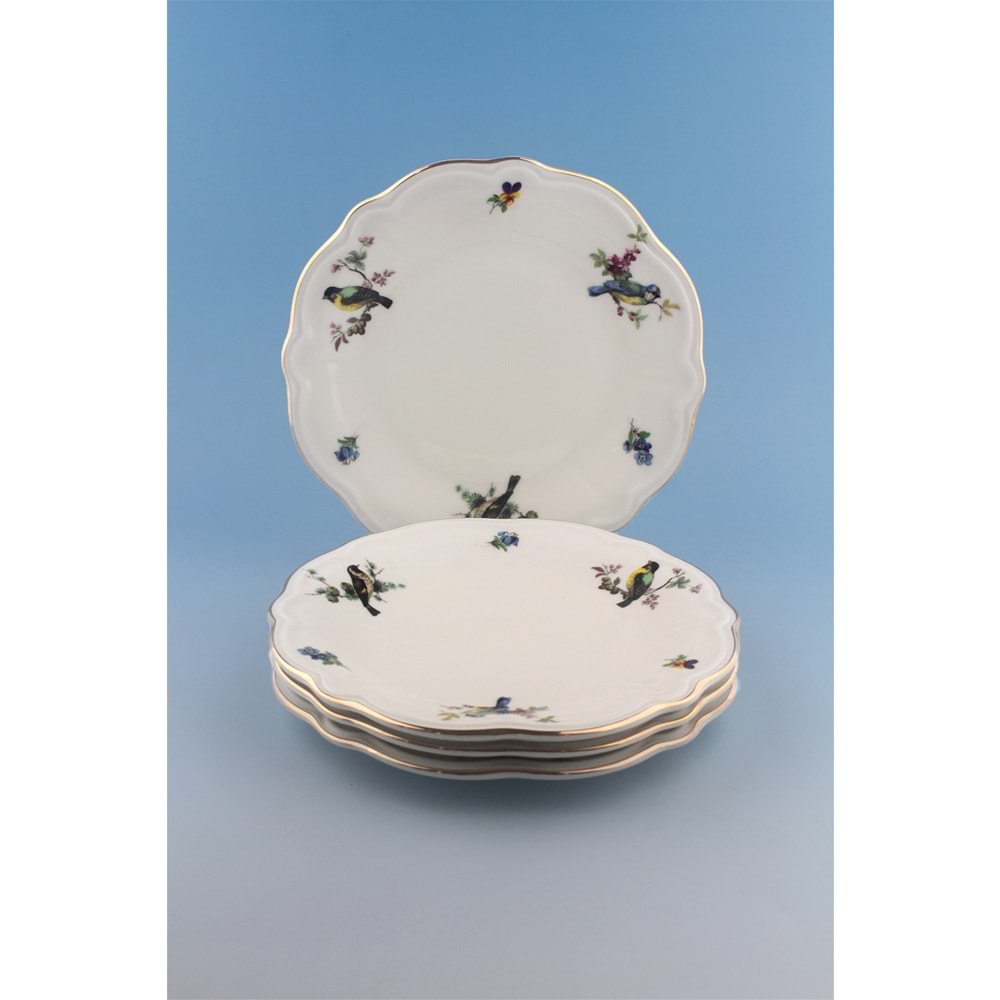 Renkli kuşlar antik altın yaldızlı 4 parça porselen pasta tabağı