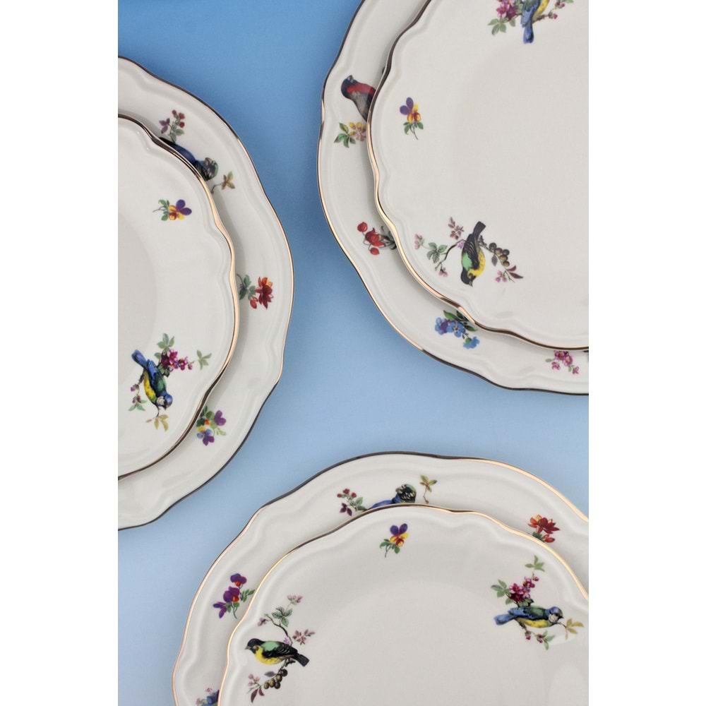 Renkli kuşlar antik altın yaldızlı 4 parça porselen pasta tabağı