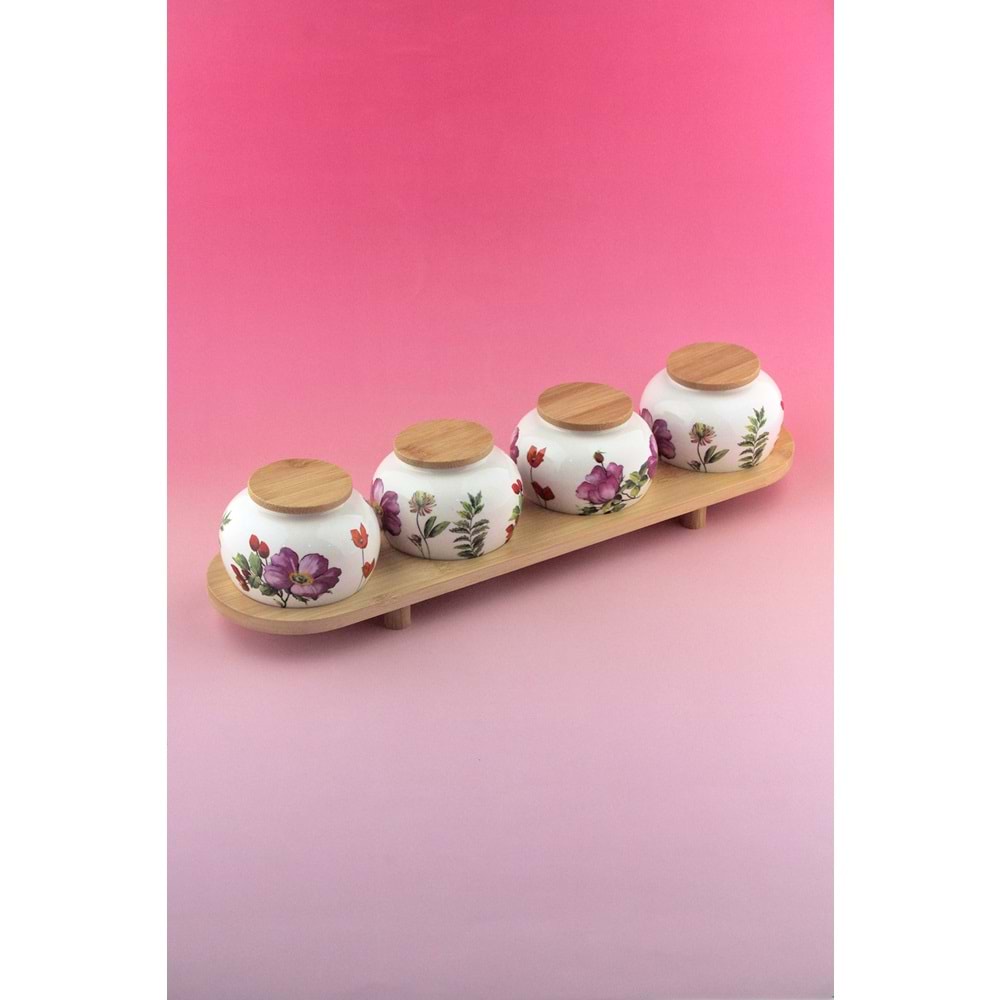 Meadow bambu standlı 4 lü porselen baharatlık