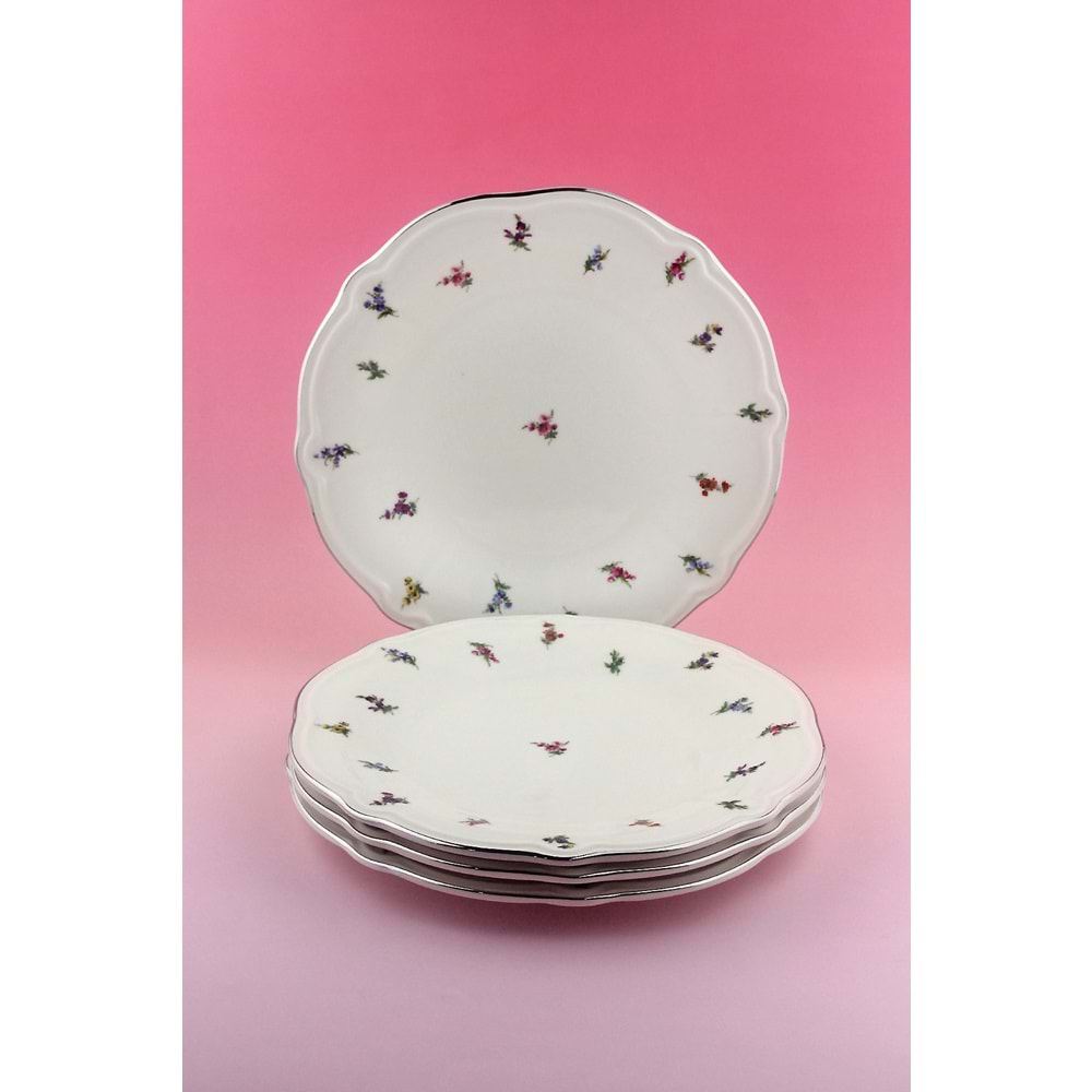 Floral antik gümüş yaldızlı 4 parça porselen servis tabağı