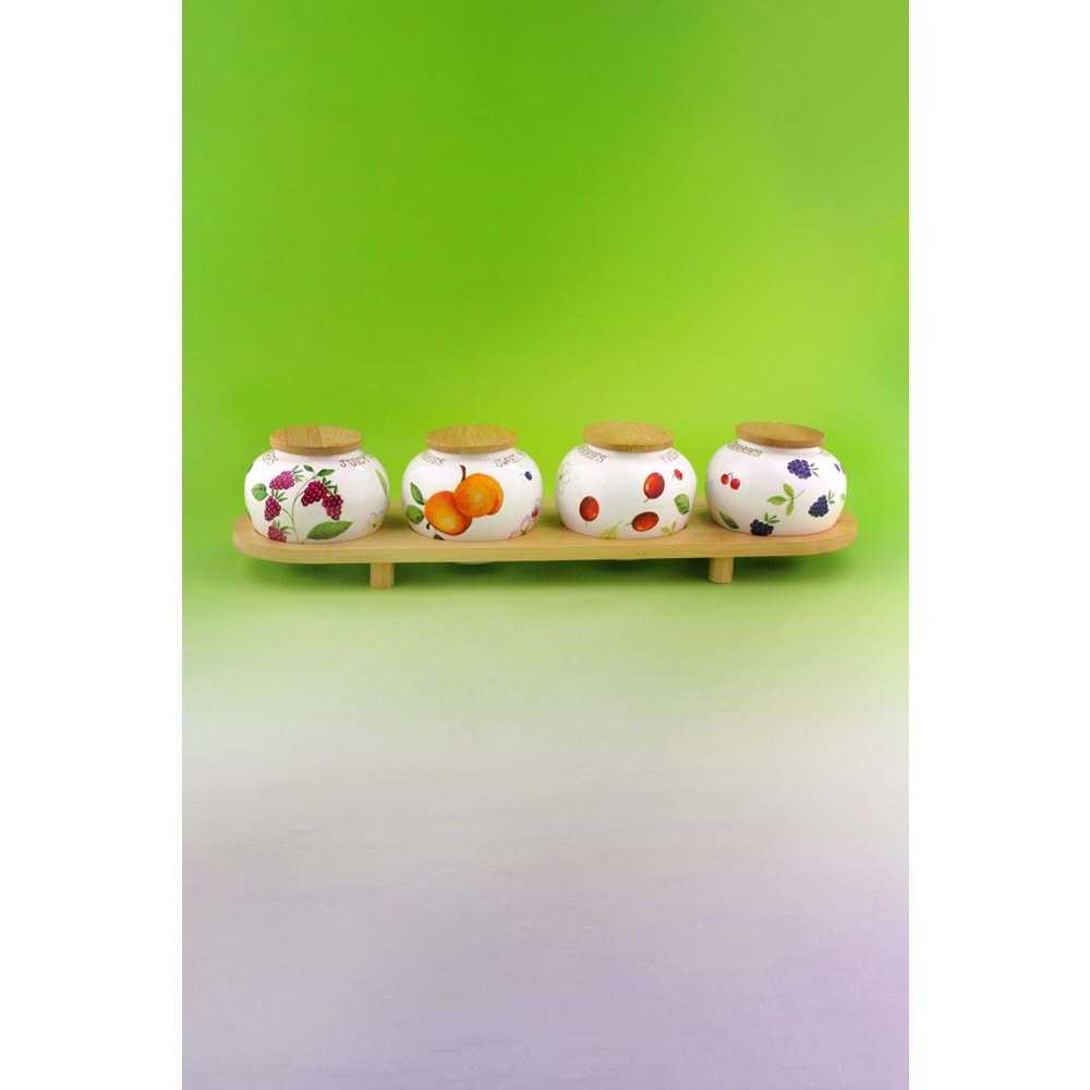 Berries bambu standlı 4 lü porselen baharatlık