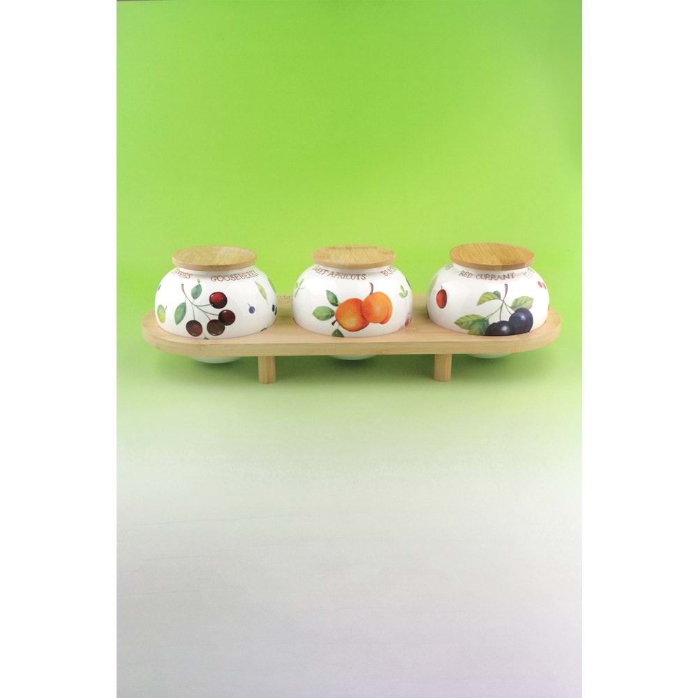 Berries bambu standlı 3 lü porselen baharatlık