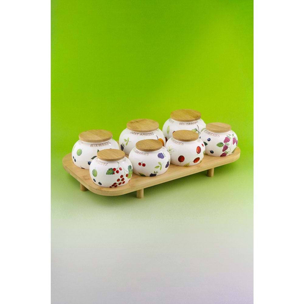 Berries bambu standlı 7 li porselen baharatlık