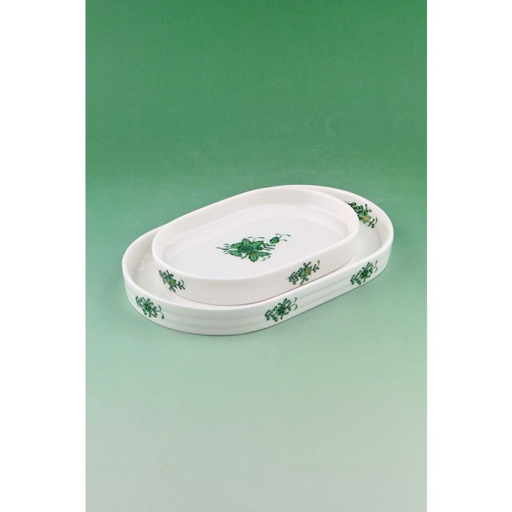 Flowers green 2 boy porselen kayık tabak