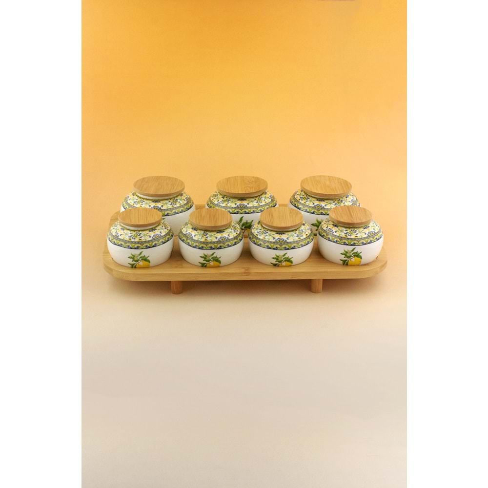 Capri lemon bambu standlı 7 li porselen baharatlık
