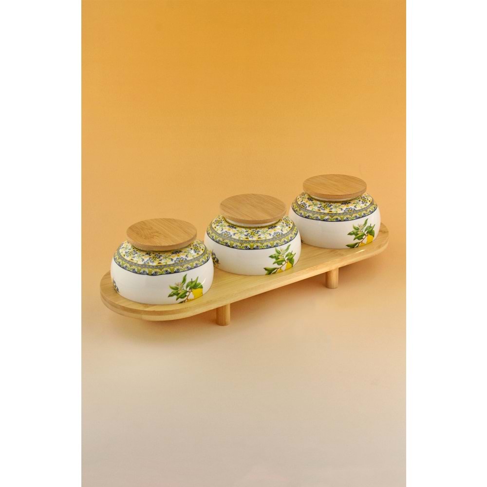 Capri lemon bambu standlı 3 lü porselen baharatlık