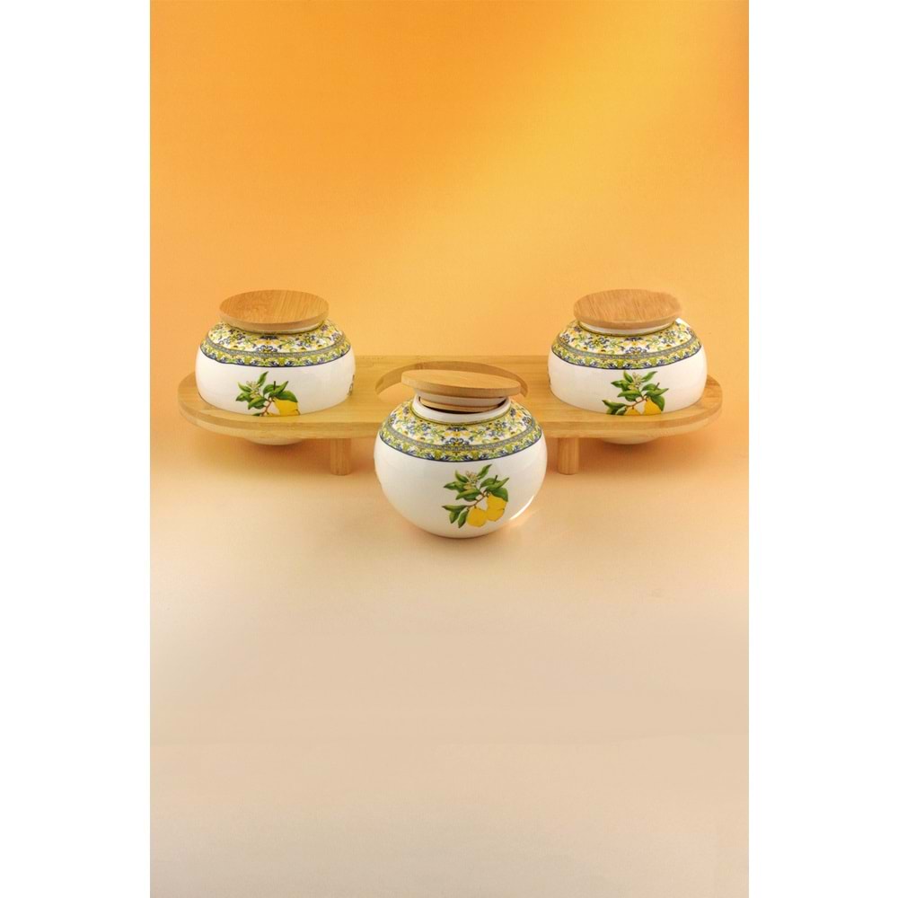 Capri lemon bambu standlı 3 lü porselen baharatlık