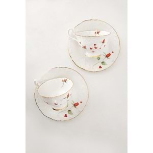 Kırmızı gül altın yaldızlı bone 2 kişilik çay fincan takımı