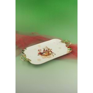 Christmas reindeer gold metal saplı porselen tepsi