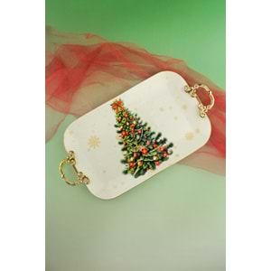 Christmas tree gold metal saplı porselen tepsi