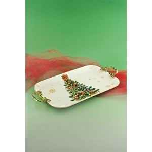 Christmas tree gold metal saplı porselen tepsi