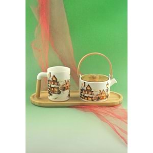 Christmas village bambu tepsili porselen çay demlik seti