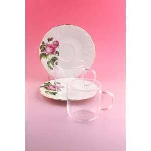 Pembe gül iki kişilik çay kupa takımı
