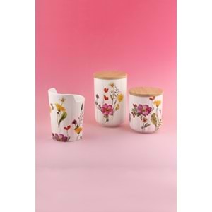 Meadow 3 lü ahşap vakumlu kapaklı porselen baharatlık & kaşıklık