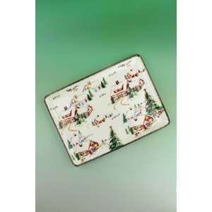 Retro snowy village porselen tepsi