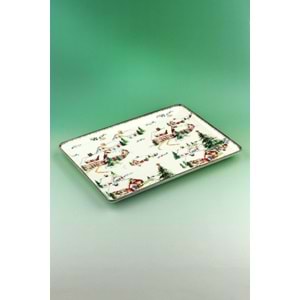 Retro snowy village porselen tepsi