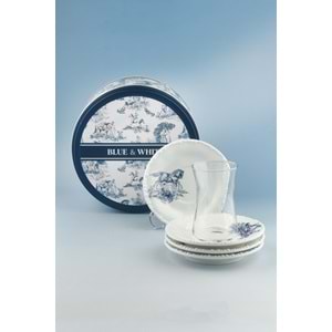 İnci serisi mavi İngiliz 4 kişilik porselen çay takımı & metal kutulu