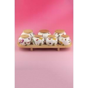 Meadow bambu standlı 7 li porselen baharatlık